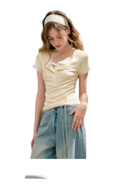 Double-Layer Collar Lace T-Shirt