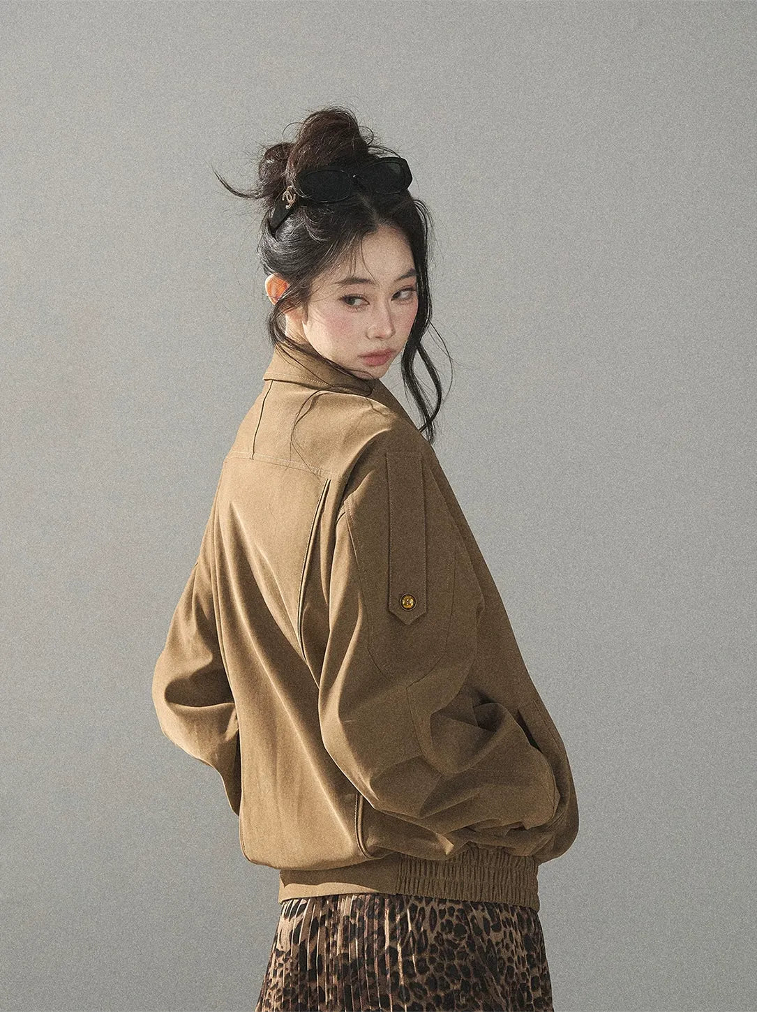 Matte Suede Leopard Bomber Jacket