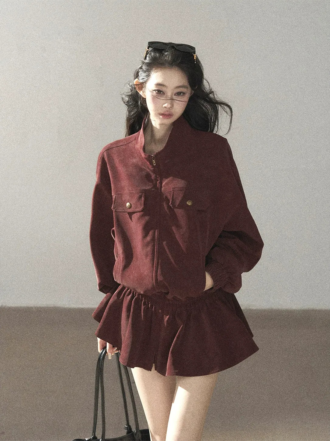 Faux Leather Stand Collar Jacket