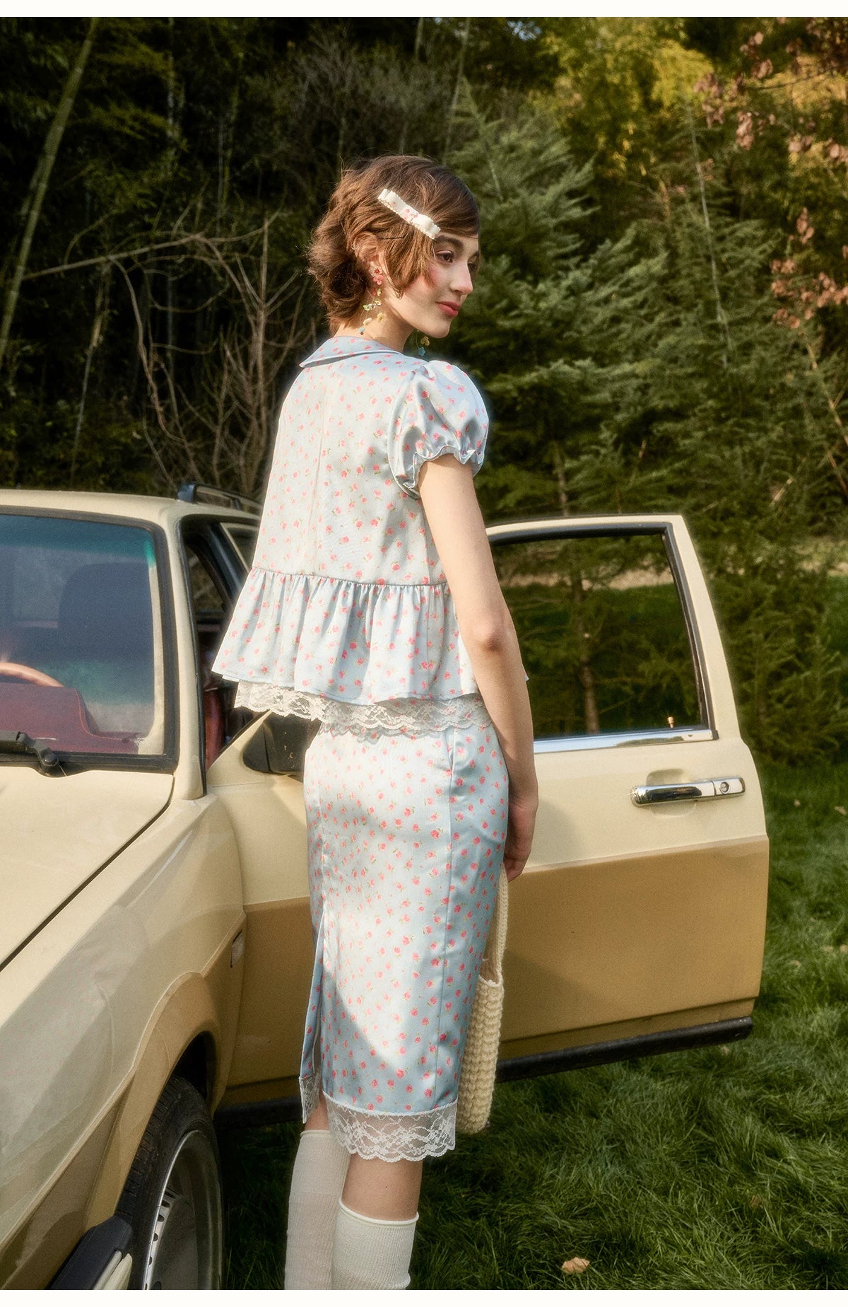 Soft Misty Blue Doll Collar Satin Floral Shirt