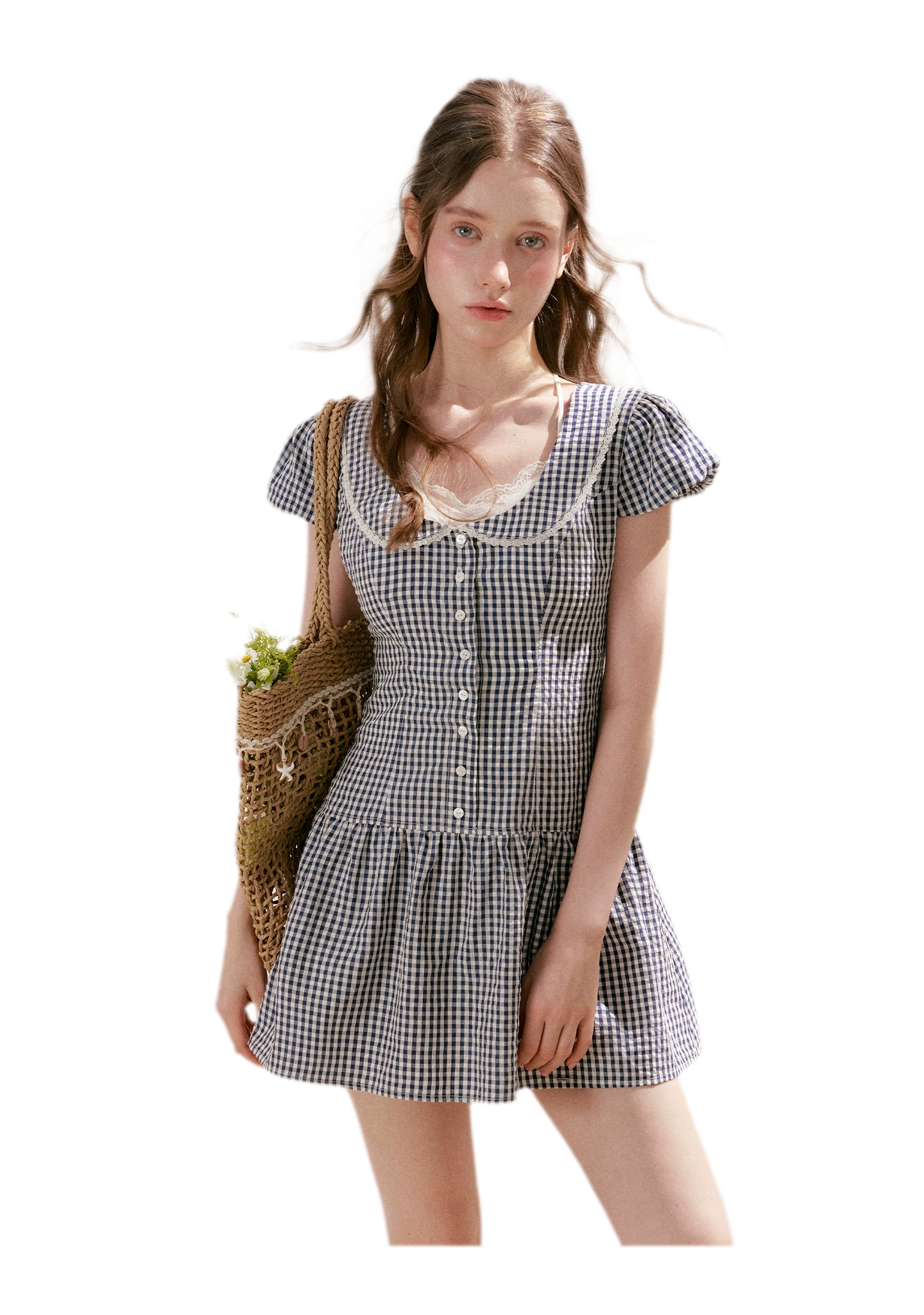 Tencel Cotton Lace Vintage Plaid Short Sleeve Dress