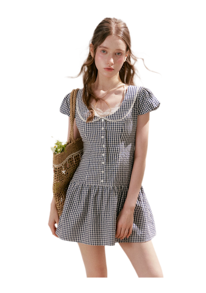 Tencel Cotton Lace Vintage Plaid Short Sleeve Dress