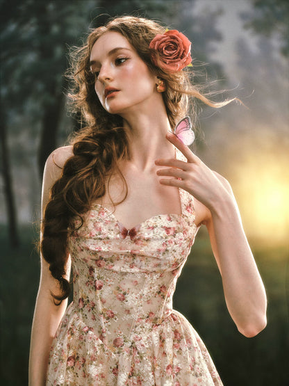 Forest Rose French Retro Floral Halter Long Dress