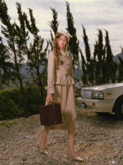 Vintage Belted Trench Skirt Set