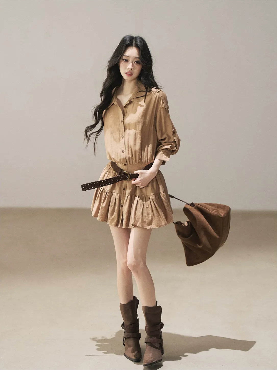 High-Waist Ruffle Shirt Dress