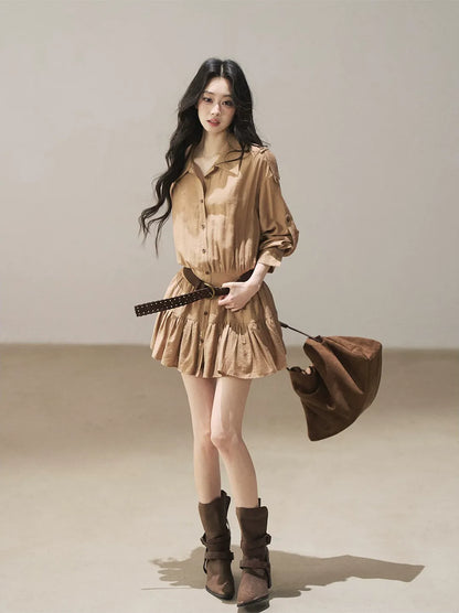 High-Waist Ruffle Shirt Dress