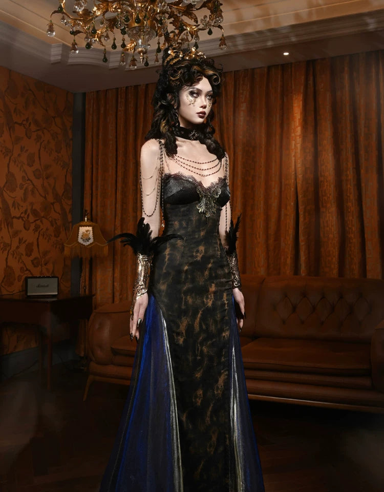 Gold Jacquard A-Line Evening Dress
