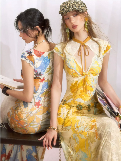 Gold Embroidered Lace Tea Dress