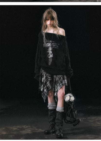 Star Plaid Raw-Edge Skirt