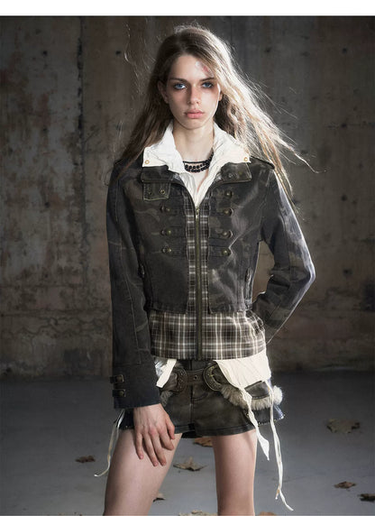Washed Patchwork Zip Jacket