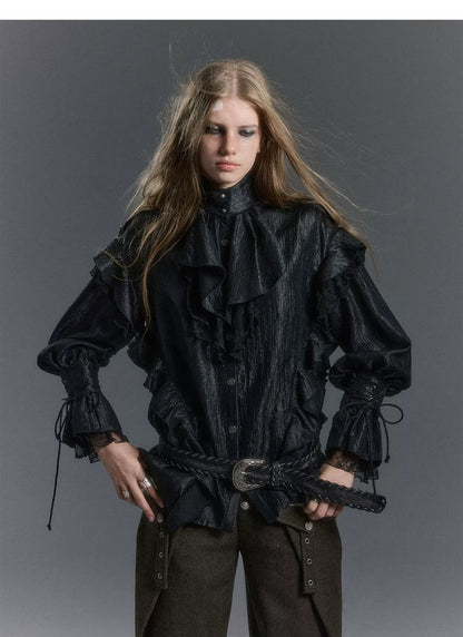 Blouse met textuur, ruches en hoge hals