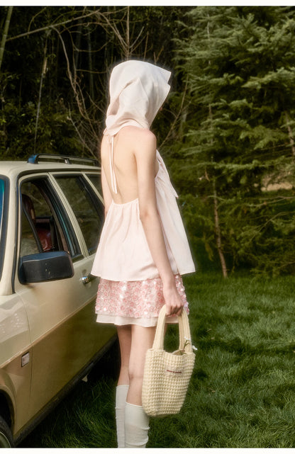 Babypink Satin Ribbon Top &amp; Sequin Skirt Set