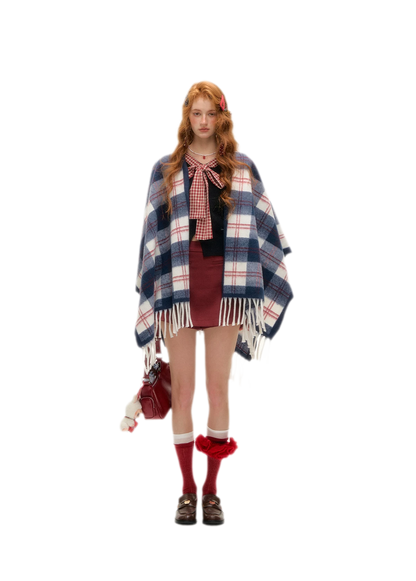 Vintage Plaid Fringed Shawl