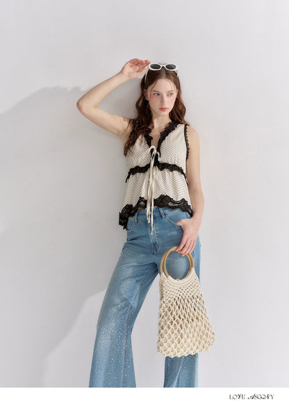 V-Neck Lace Polka Dot Waist-Defined Sleeveless Top