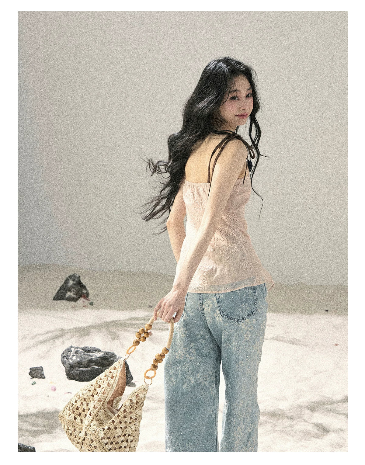 American Style Rhinestone Floral Denim Pants