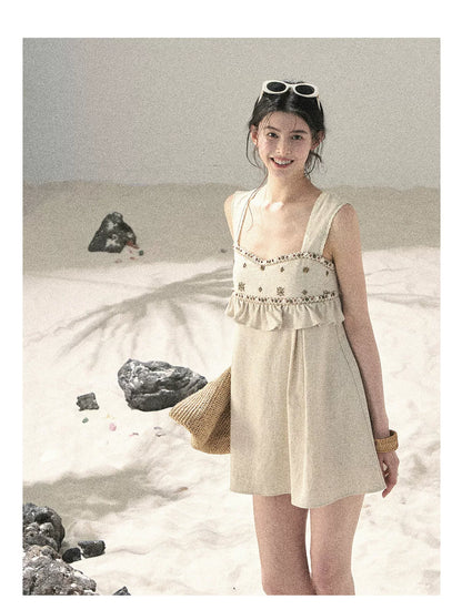 Sunlit Wheat Field Lace Strap Dress