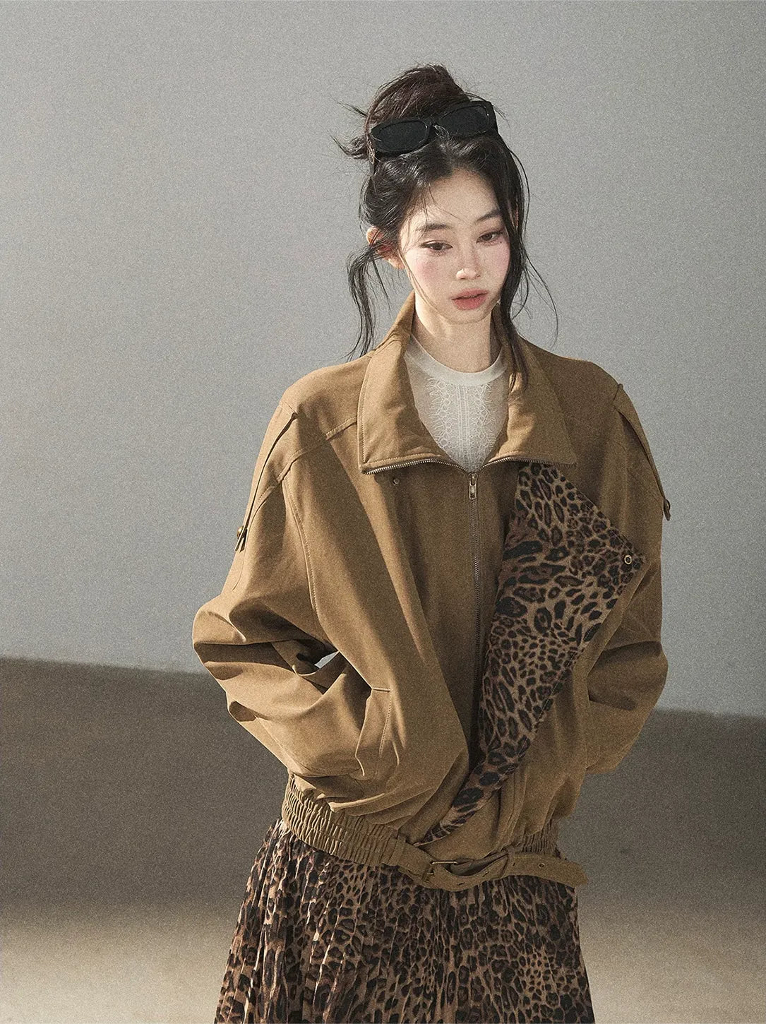 Matte Suede Leopard Bomber Jacket