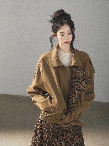 Matte Suede Leopard Bomber Jacket