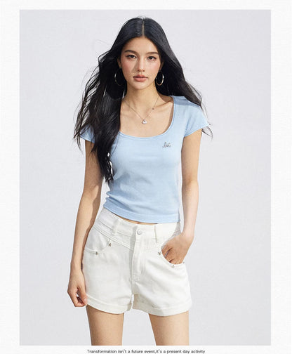 Candy Color U-Neck Short Sleeve T-Shirt