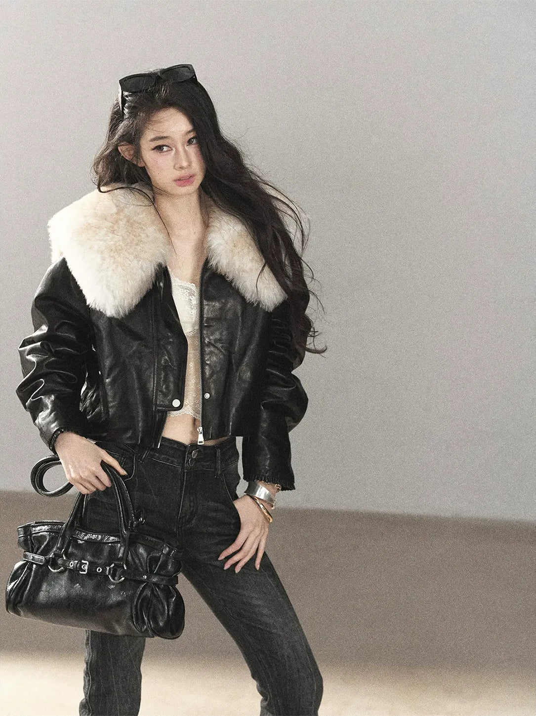 Sheepskin Cropped Goose-Down Jacket