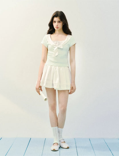 Bow Tie Floral Patchwork Short Sleeve T-Shirt