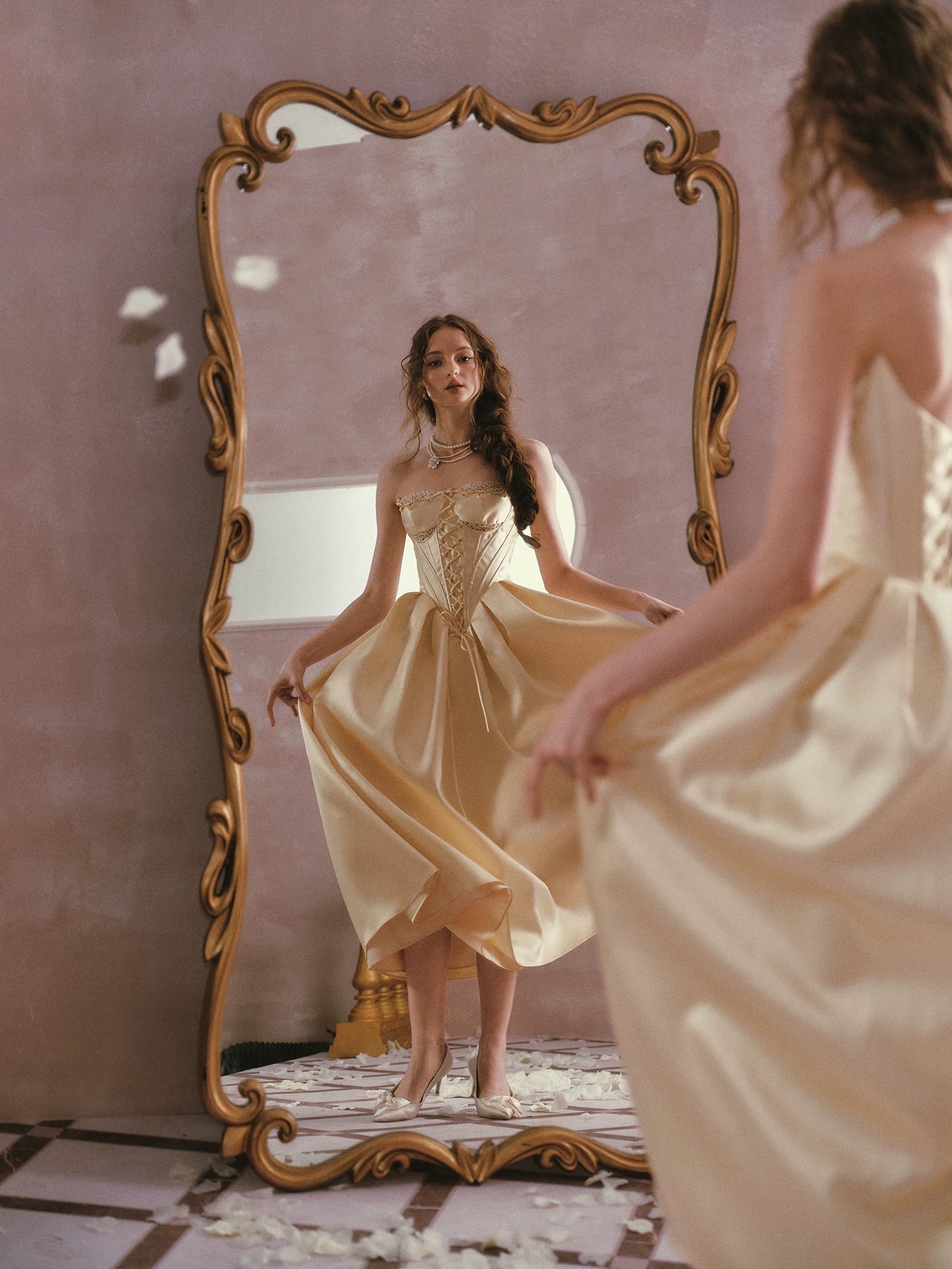 Belle Gold French Satin Lace Corset Dress