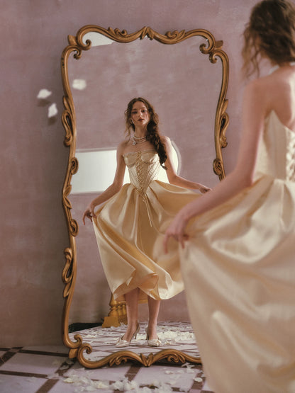 Belle Gold French Satin Lace Corset Dress