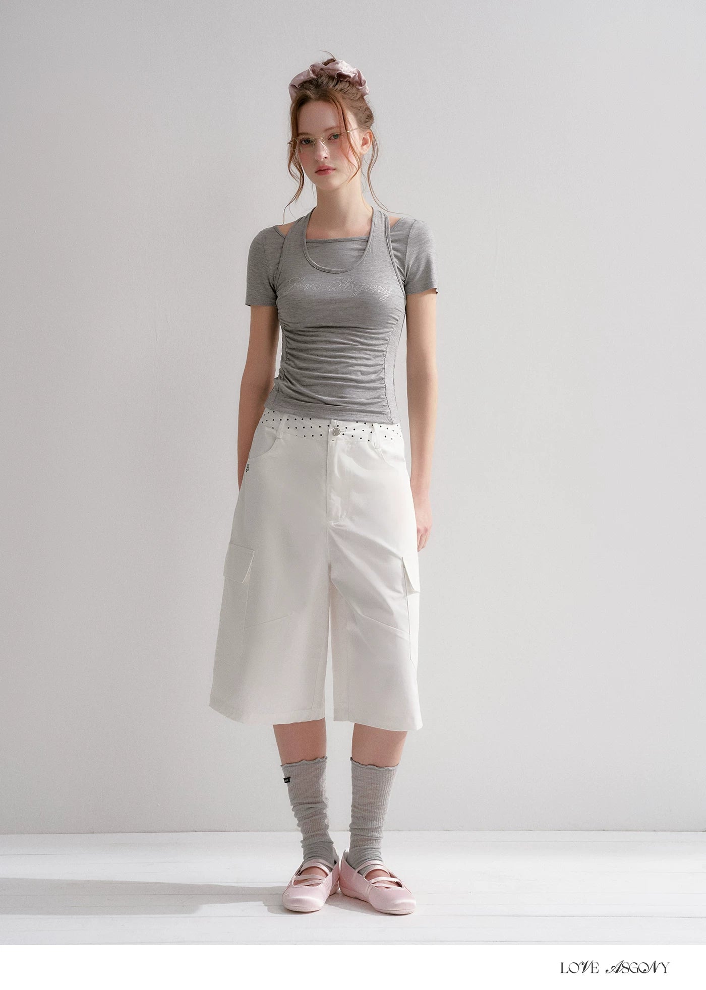 Lyocell Rhinestone Pleated Short Sleeve T-Shirt
