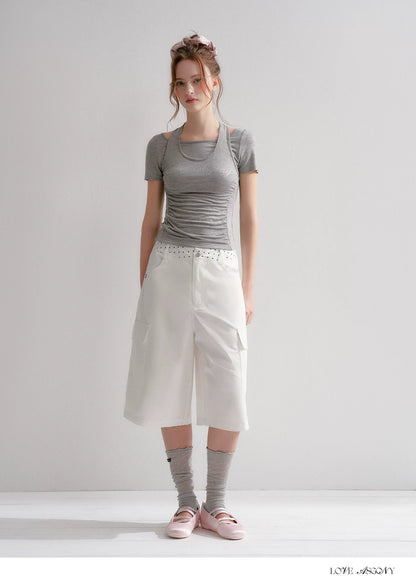 Lyocell Rhinestone Pleated Short Sleeve T-Shirt