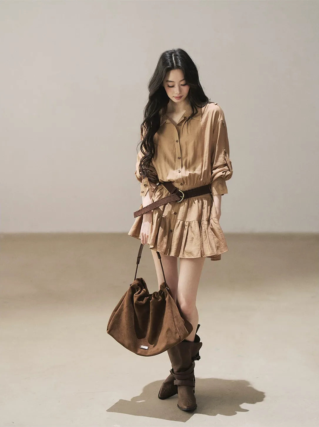 High-Waist Ruffle Shirt Dress