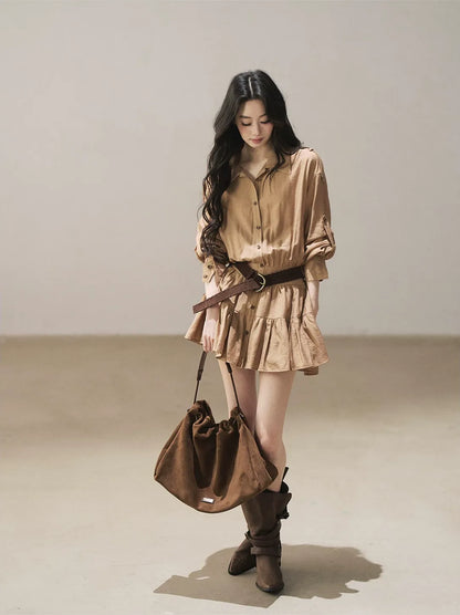 High-Waist Ruffle Shirt Dress