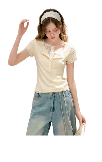 Double-Layer Collar Lace T-Shirt