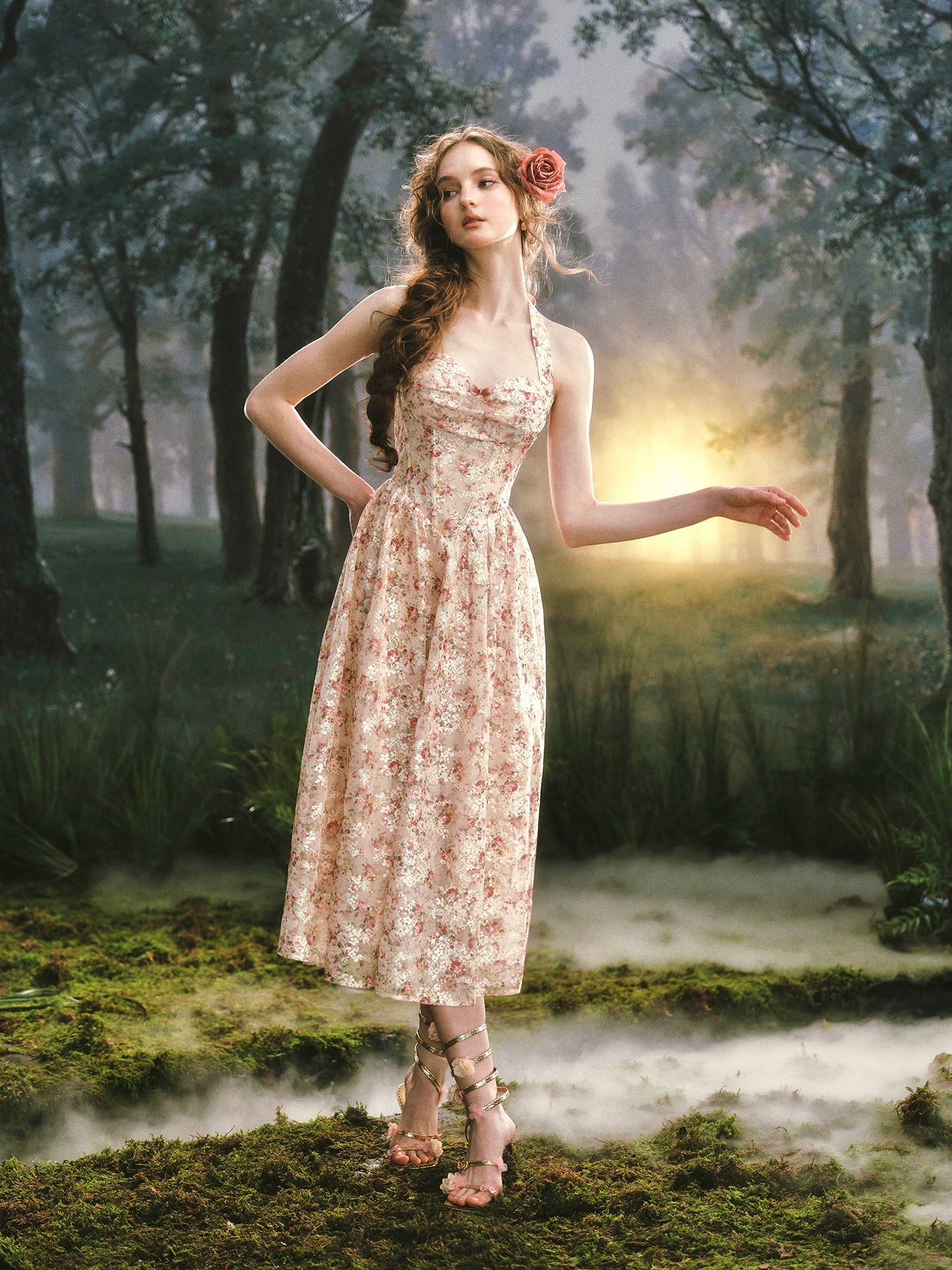 Forest Rose French Retro Floral Halter Long Dress