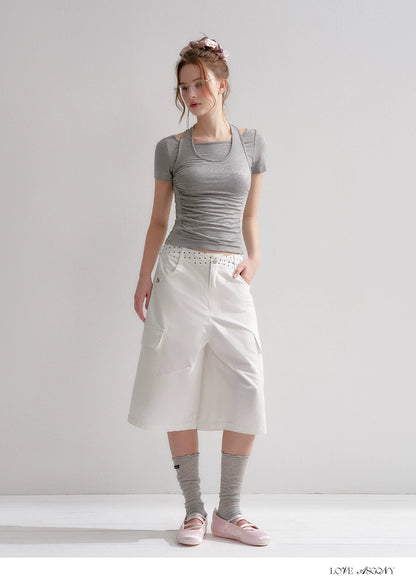 Lyocell Rhinestone Pleated Short Sleeve T-Shirt