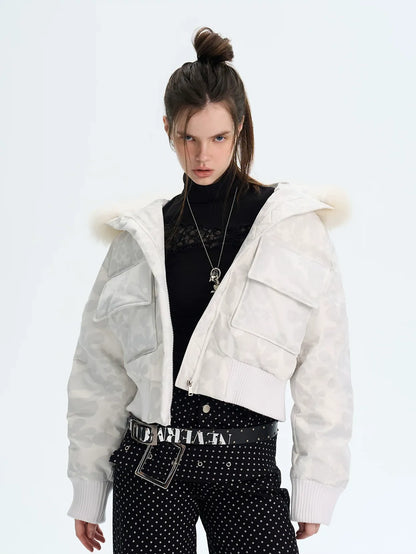 Printed Cropped Hooded Down Jacket