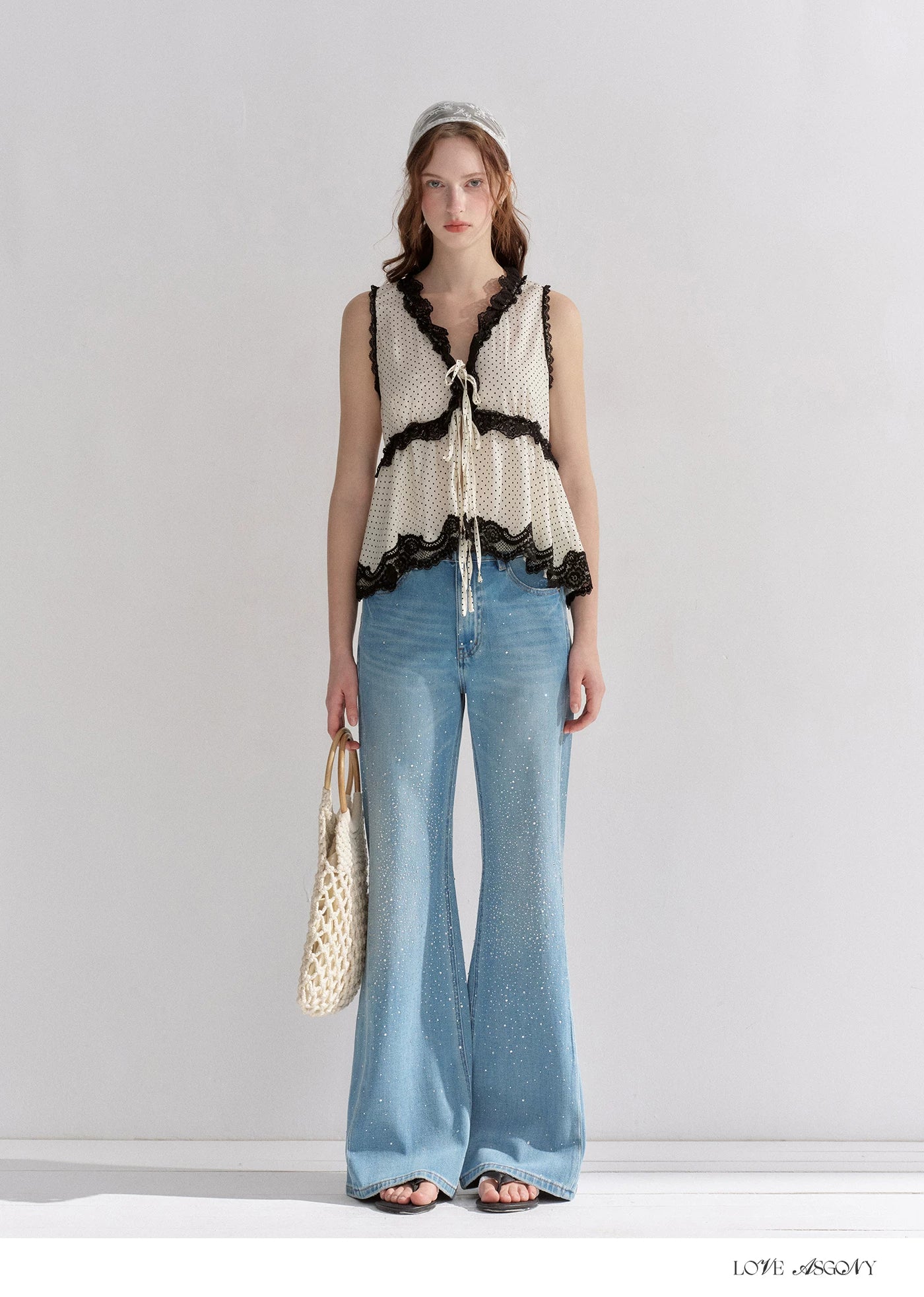 V-Neck Lace Polka Dot Waist-Defined Sleeveless Top