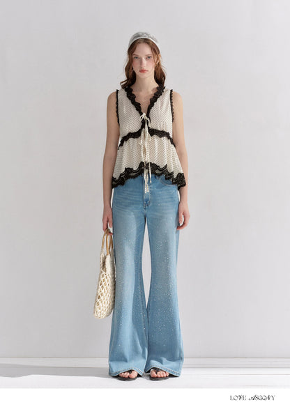 V-Neck Lace Polka Dot Waist-Defined Sleeveless Top
