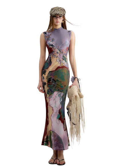 Tri-color Reversible Printed Qipao Dress