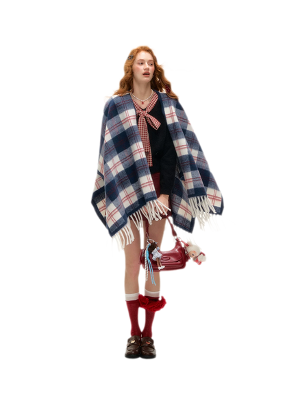 Vintage Plaid Fringed Shawl