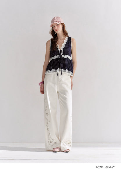 Embroidered Washed Wide-Leg Jeans