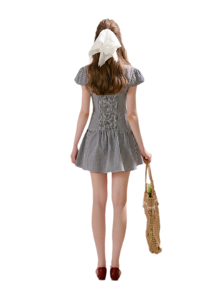 Tencel Cotton Lace Vintage Plaid Short Sleeve Dress