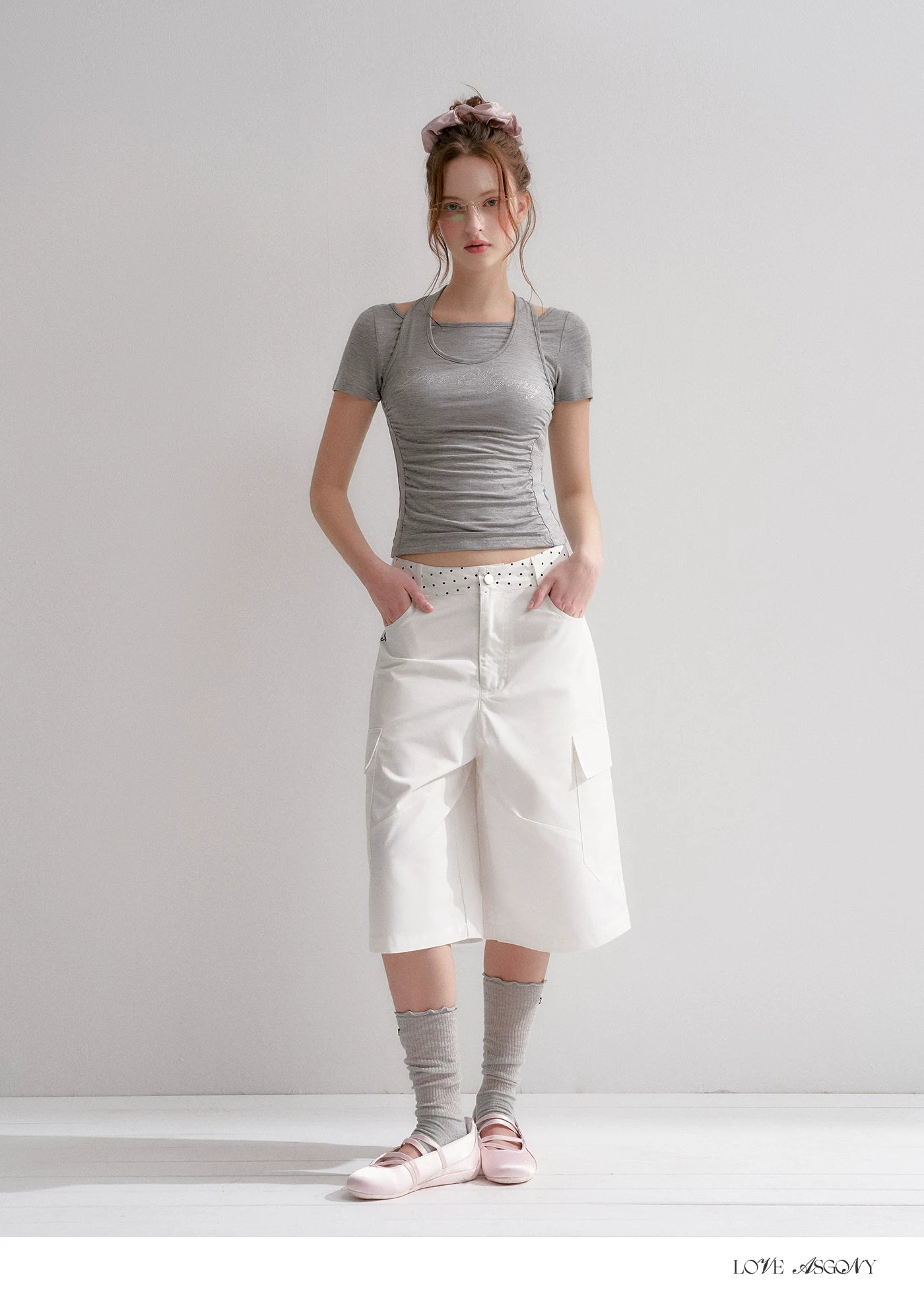 Lyocell Rhinestone Pleated Short Sleeve T-Shirt