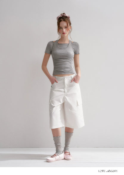 Lyocell Rhinestone Pleated Short Sleeve T-Shirt