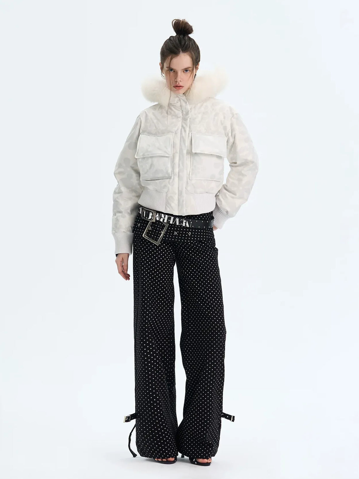 Printed Cropped Hooded Down Jacket