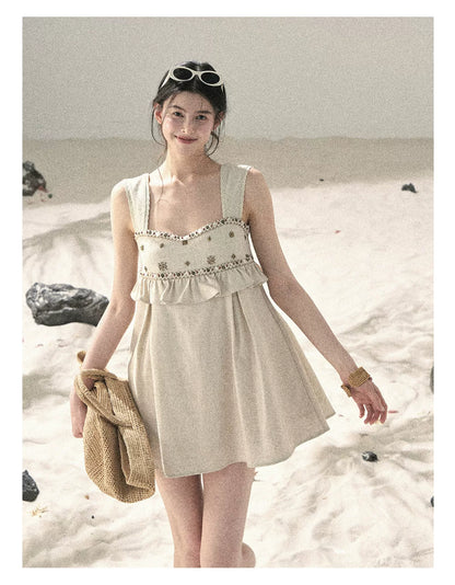Sunlit Wheat Field Lace Strap Dress