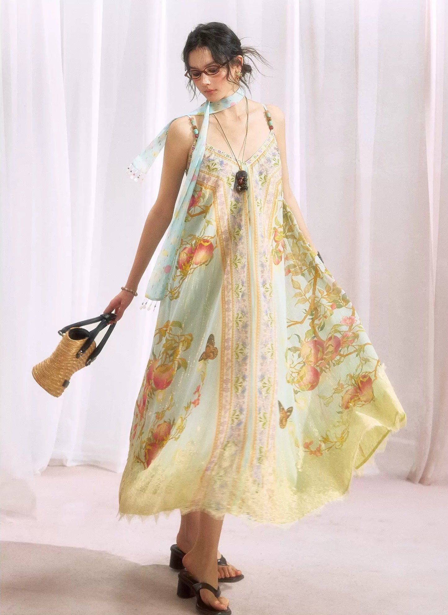 Peach Branch Print Metallic Chiffon Dress