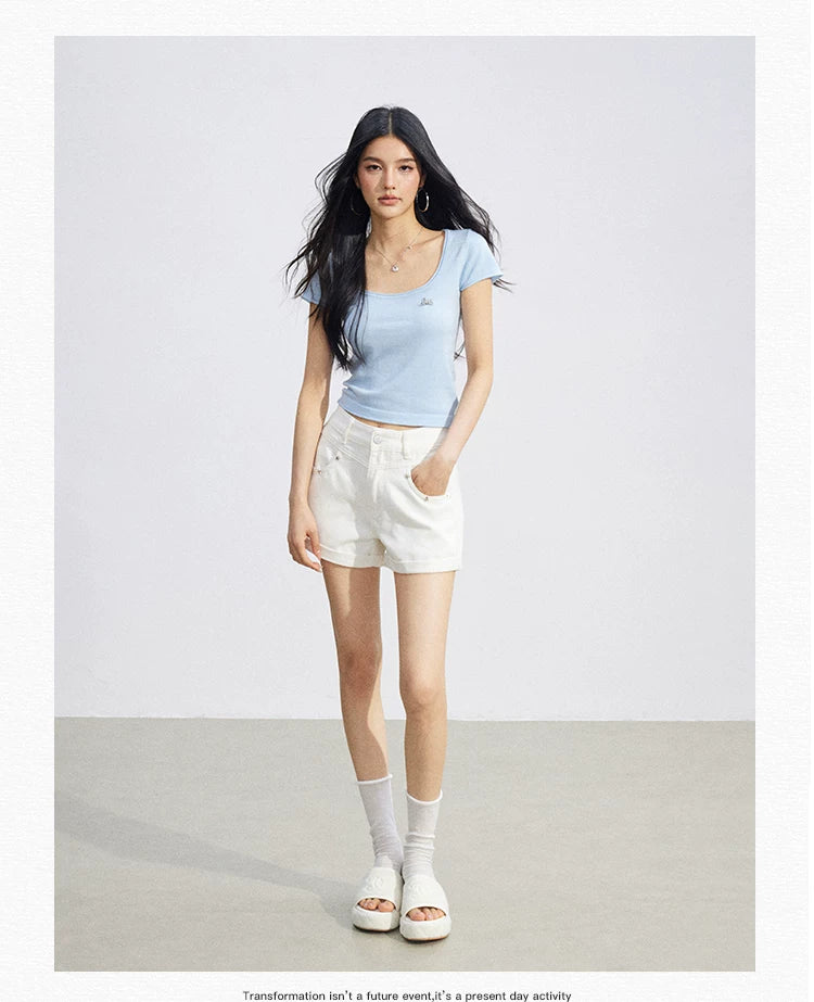Candy Color U-Neck Short Sleeve T-Shirt