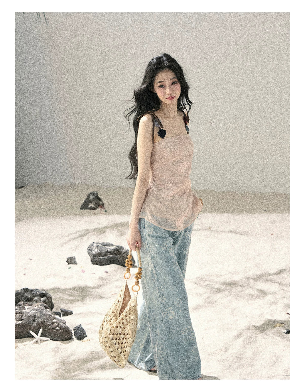 American Style Rhinestone Floral Denim Pants