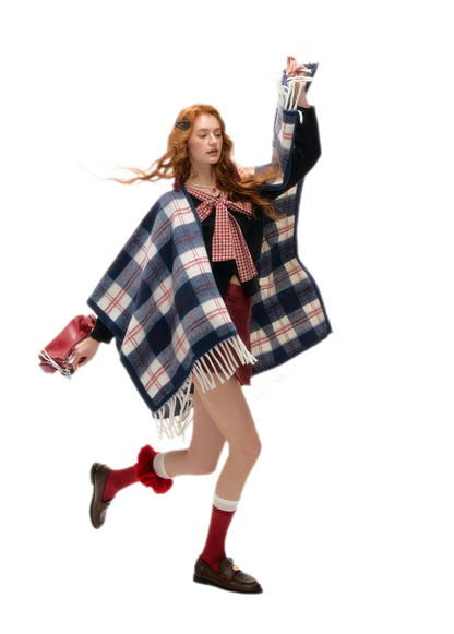 Vintage Plaid Fringed Shawl