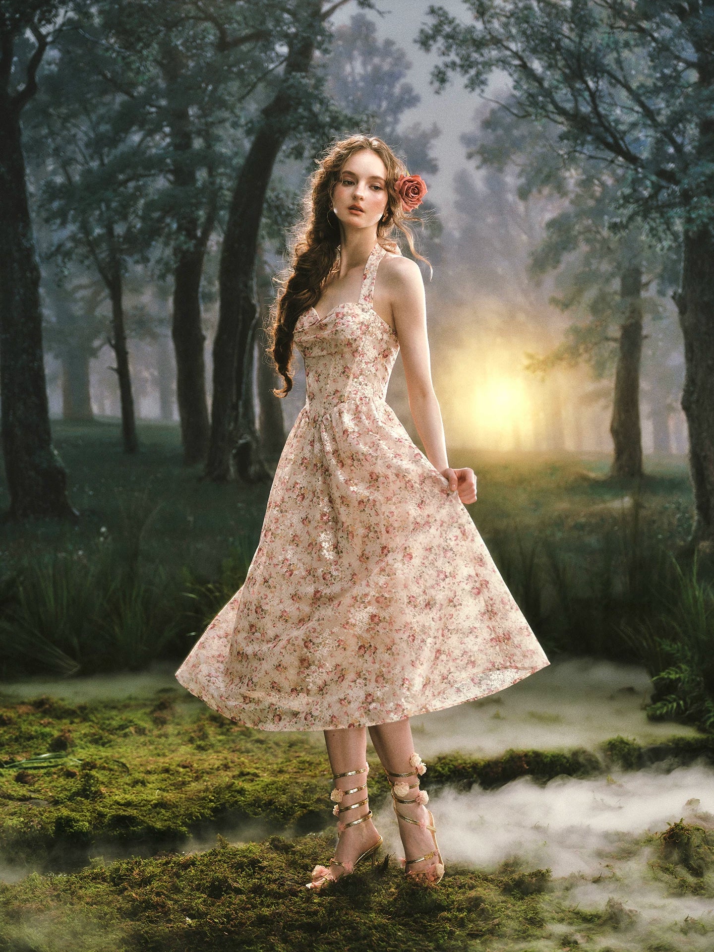 Forest Rose French Retro Floral Halter Long Dress